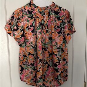 THML Black and Orange Ruffled Mandarin Collar Blouse